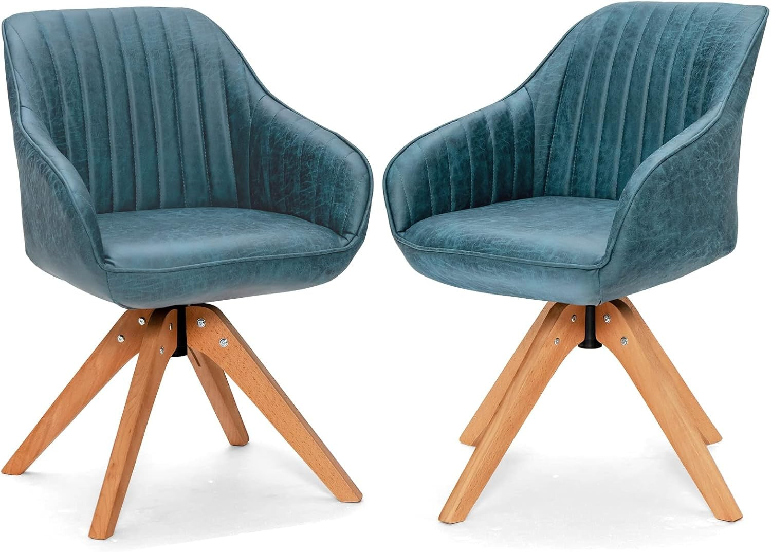 Set of 2 Brown Swivel Desk Chairs Tub Armchairs Wooden