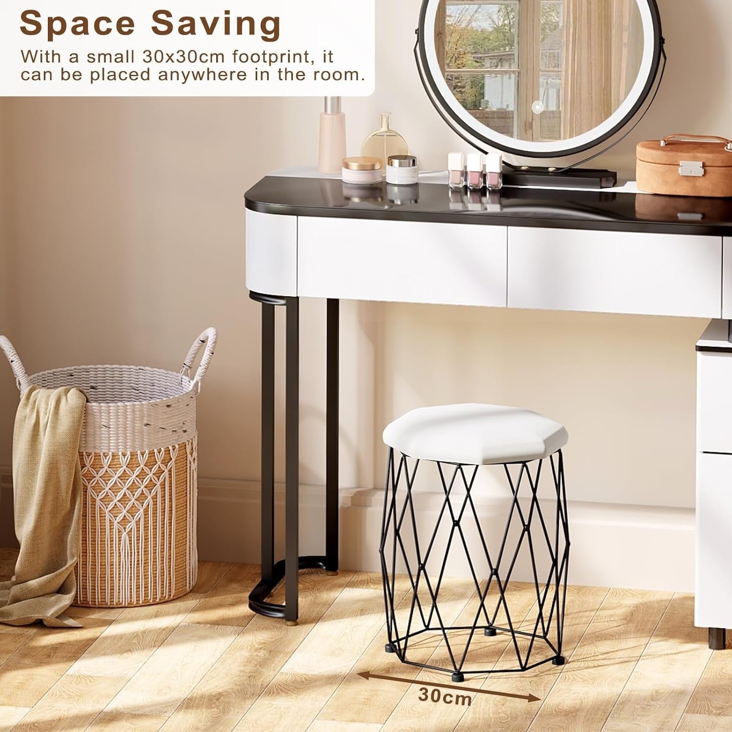 Black & White Velvet Vanity Stool Round Padded Dressing Table Seat Metal