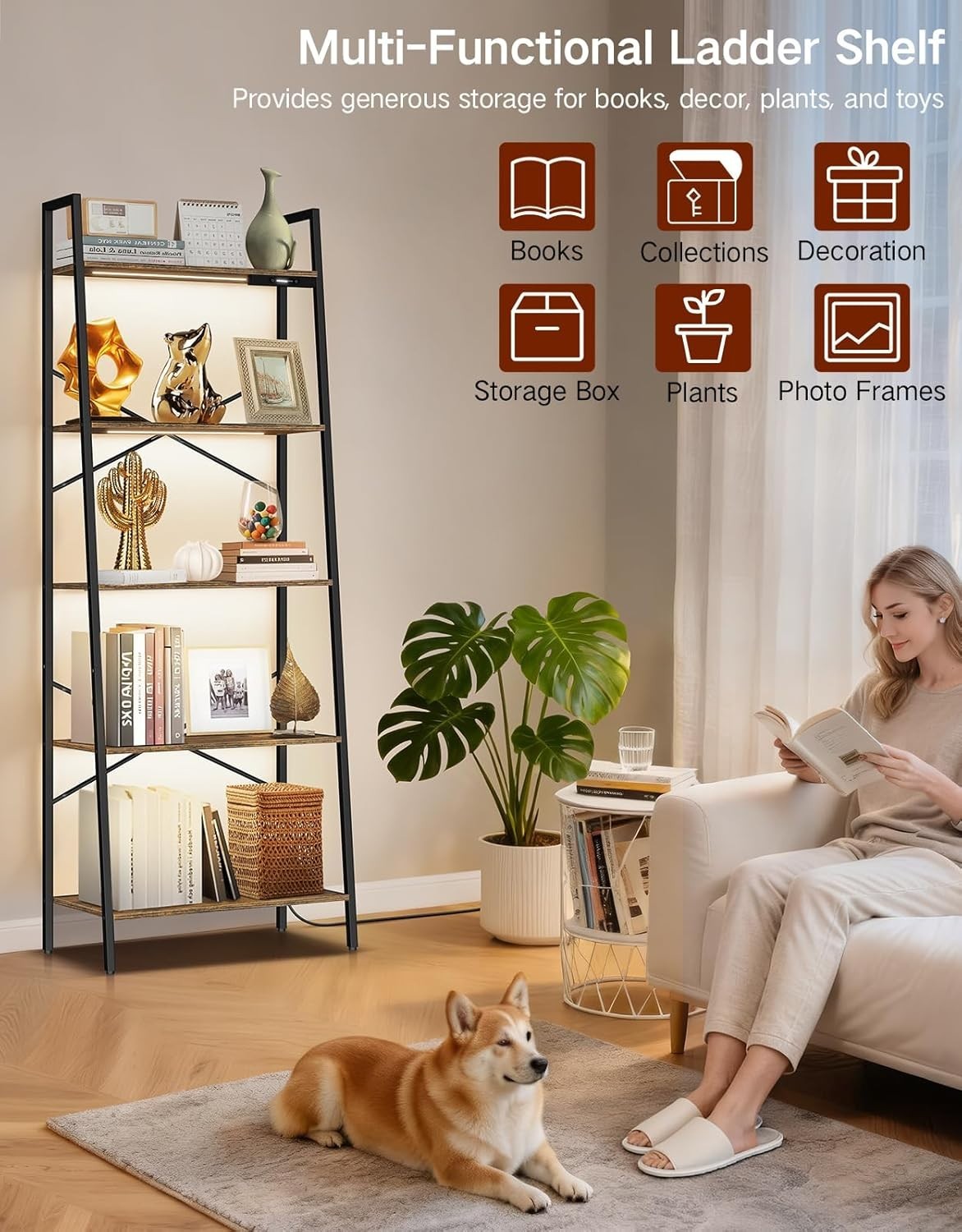 5 Tier Ladder Shelf LED Lights Dimmable Tall Bookcase Corner Unit