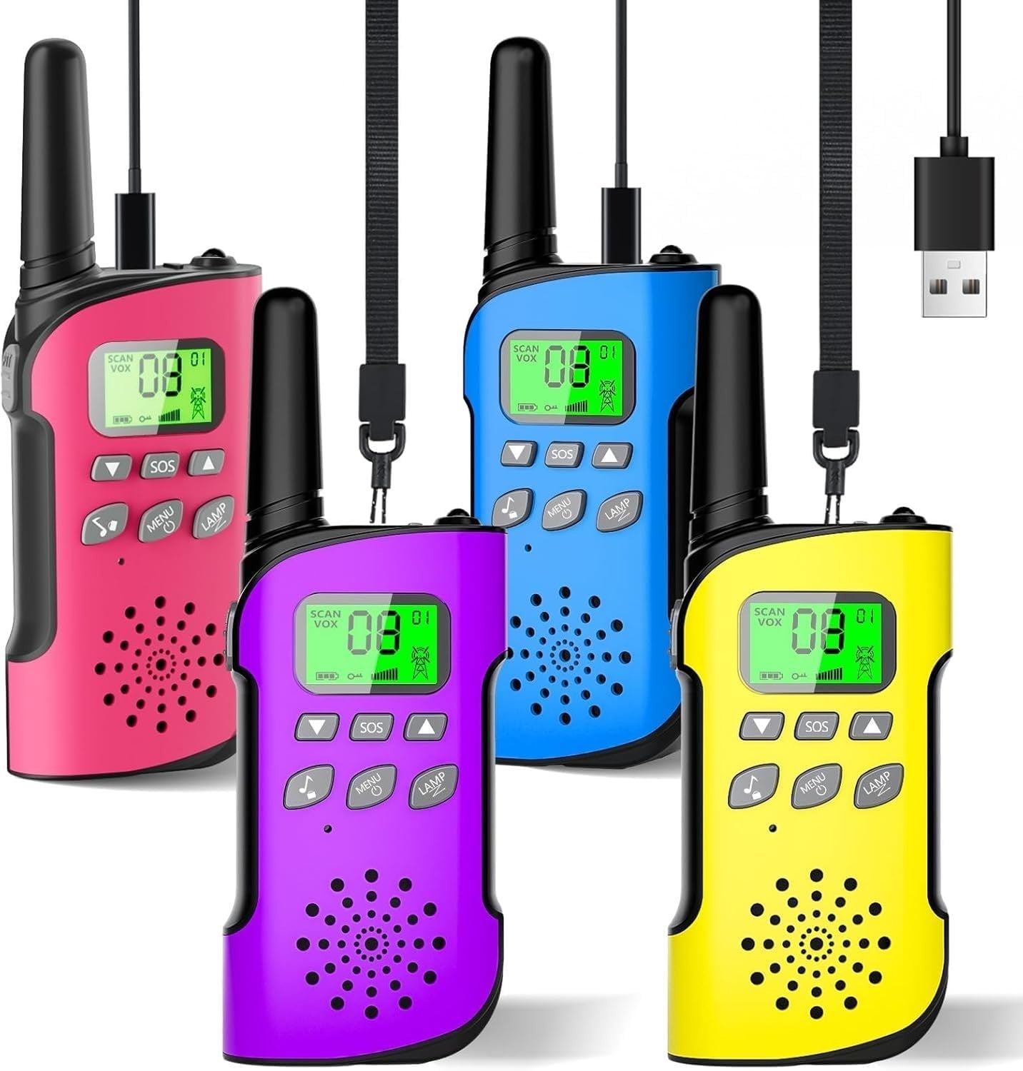 Kids Walkie Talkies 4 Pack Rechargeable Long Range VOX USB-C Radios