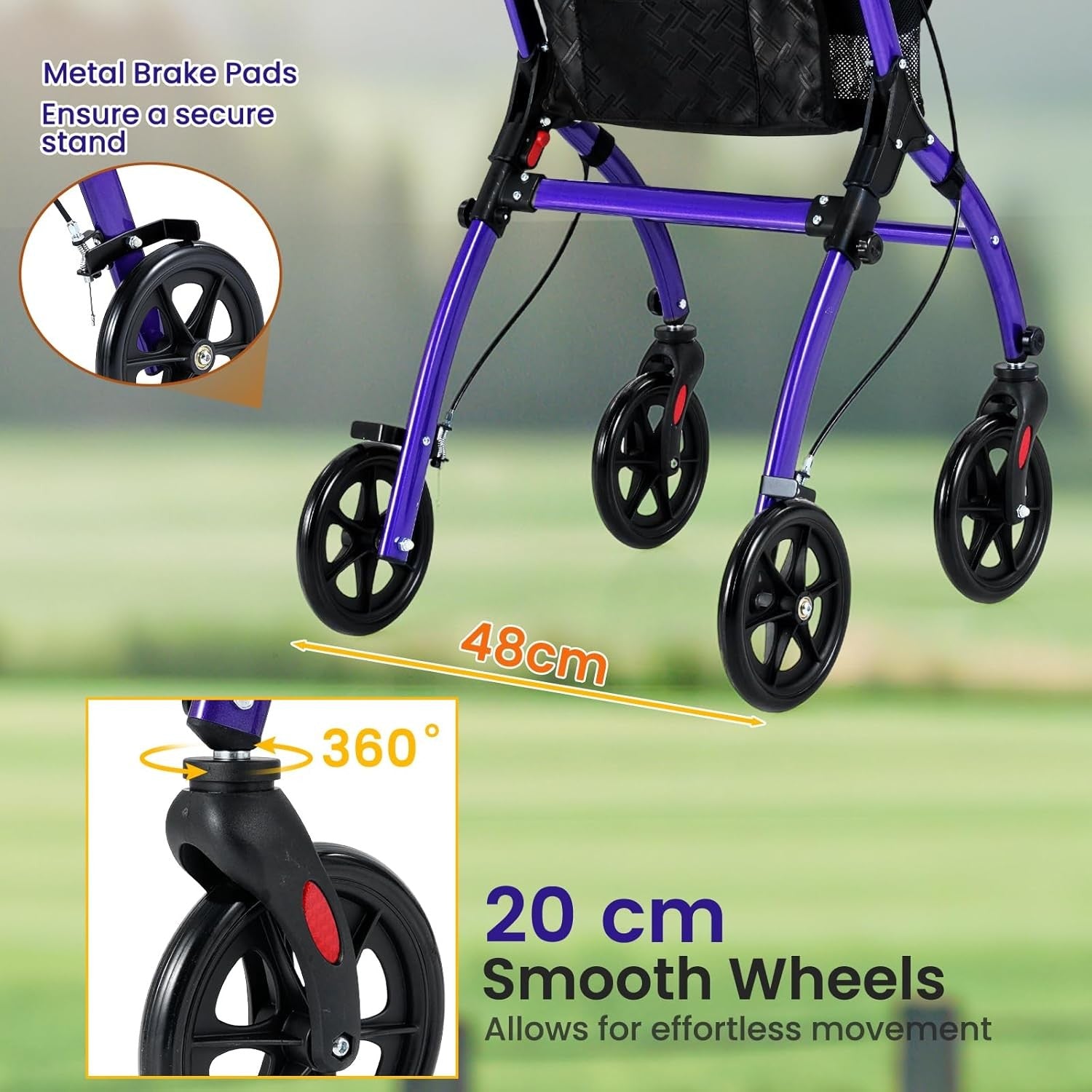 4 Wheel Rollator Walker Lightweight Folding Mobility Aid Brakes & Tray