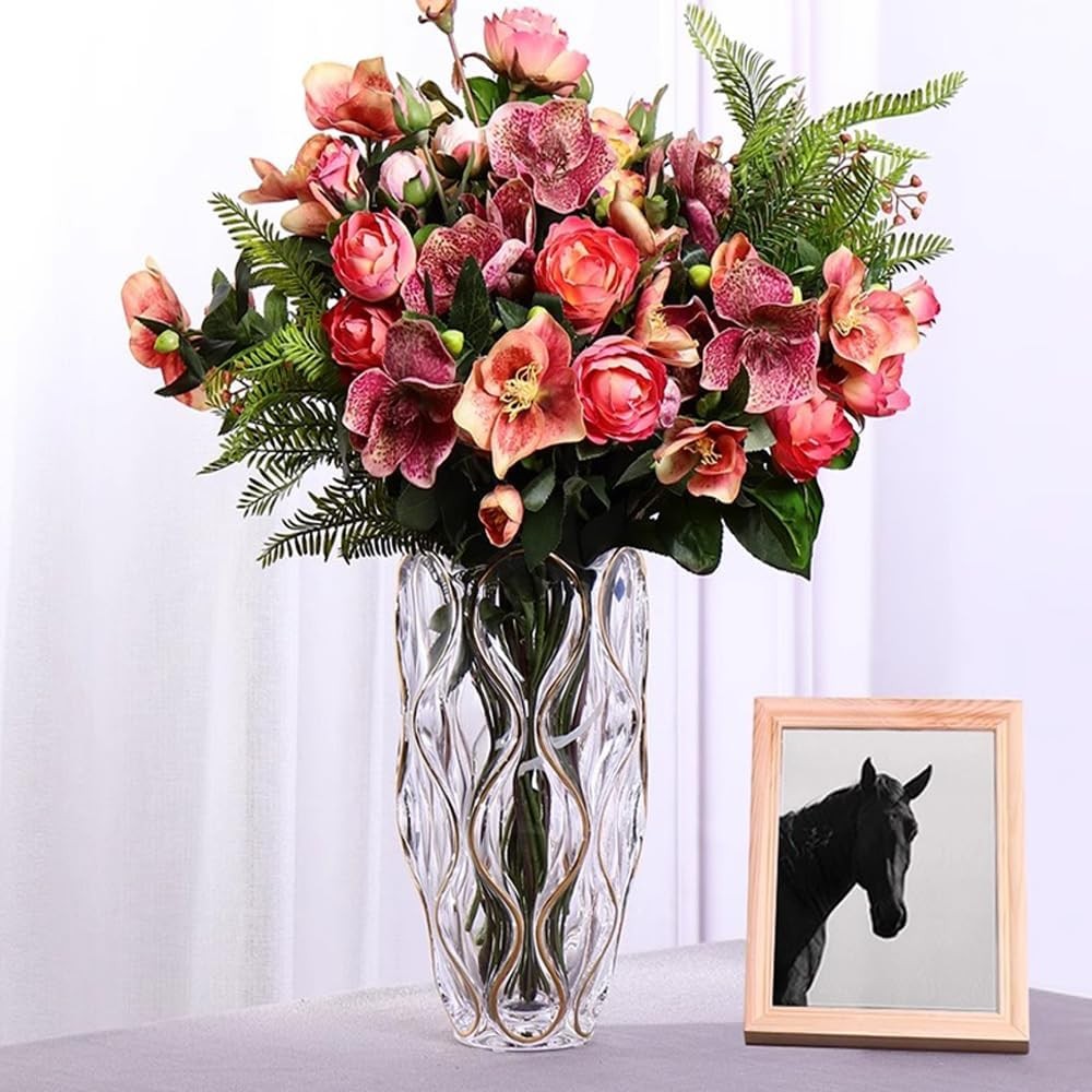 Gold Glass Vase Hand Painted Luxury Tall Flower Vase for Living Room Decor