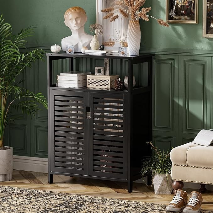 Black Bamboo Bathroom Storage Cabinet with Shutter Doors & Open Shelf 60x30x80cm