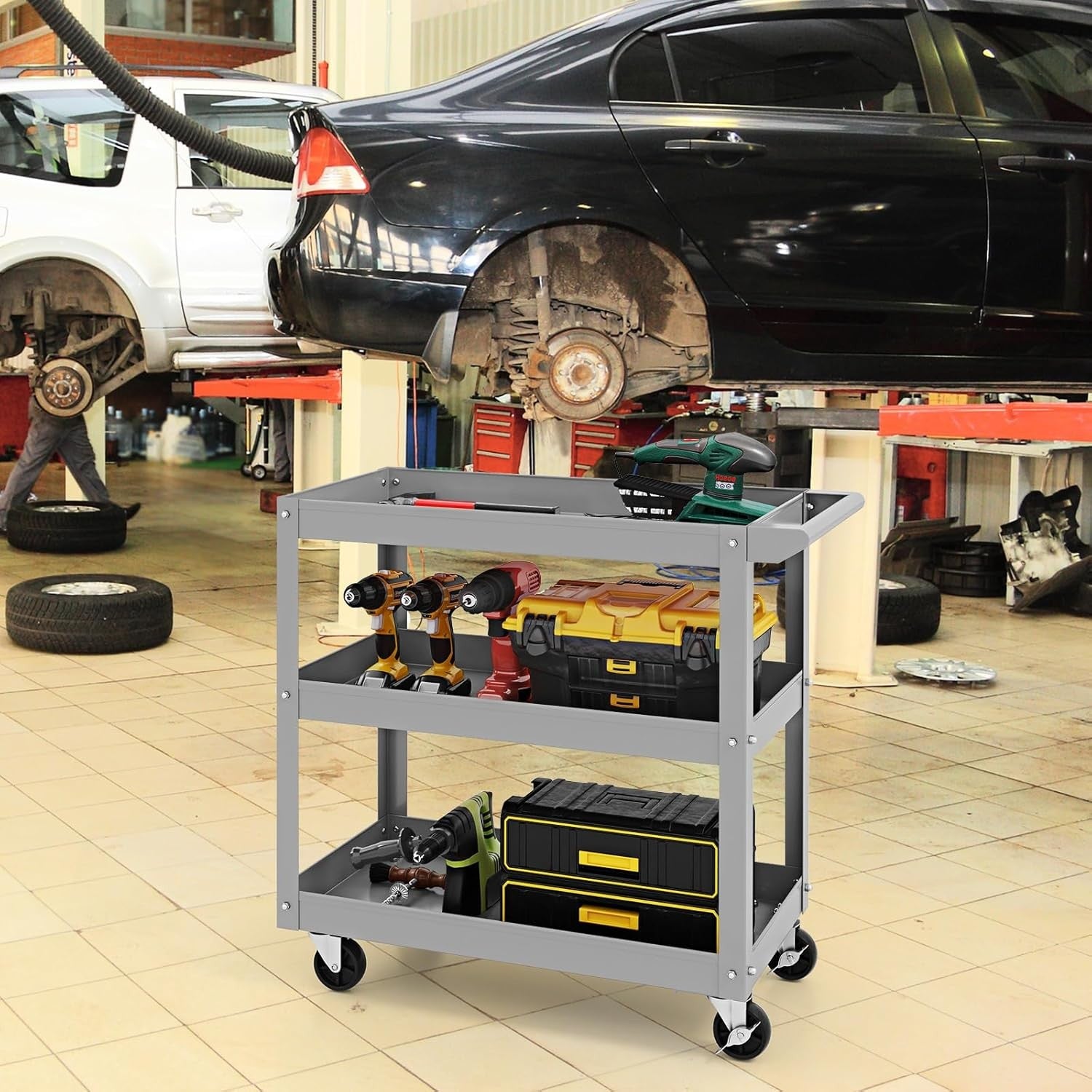3 Tier Heavy Duty Tool Trolley Rolling Utility Cart Lockable Wheels
