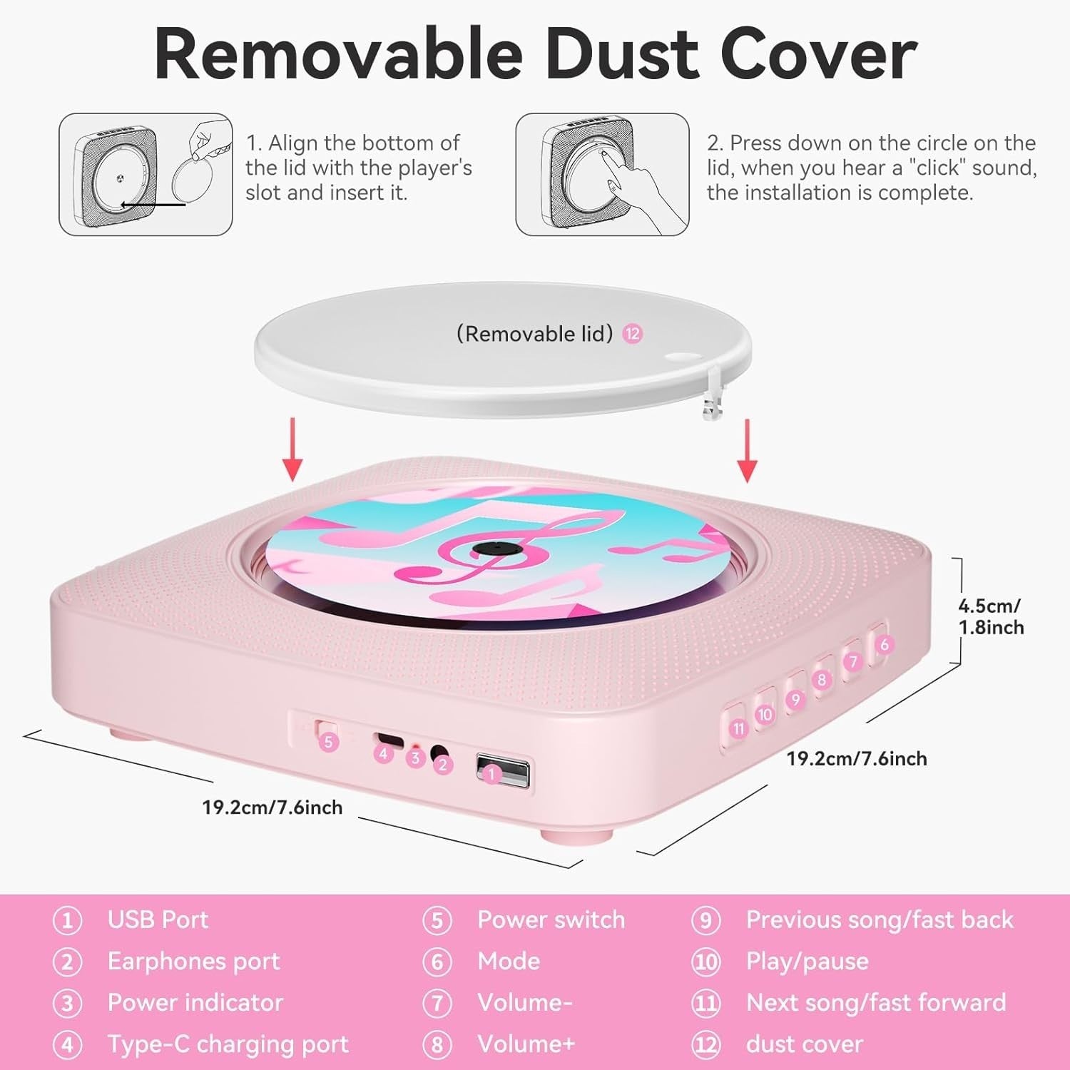 Portable CD Player Bluetooth Speakers FM Radio USB AUX Remote Pink