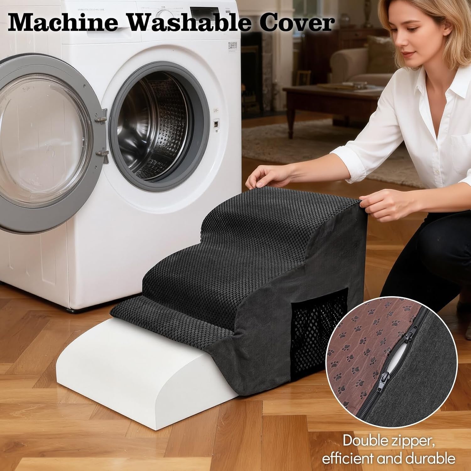 3 Step Dog Stairs Ramp for Sofa Bed Non Slip Washable Black 60x40x40cm