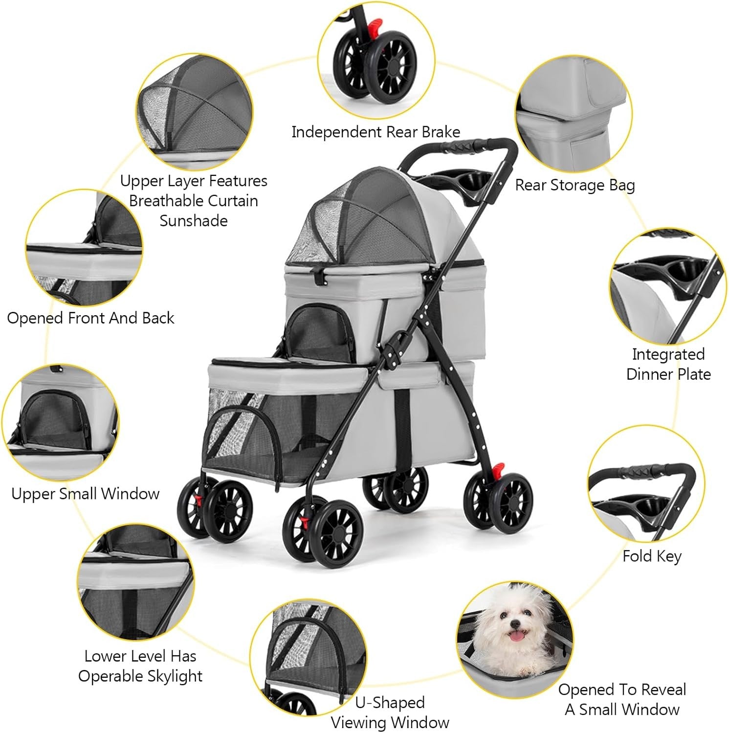 Double Pet Stroller for Small Dogs Cats 2 Tier Foldable 4 Wheel