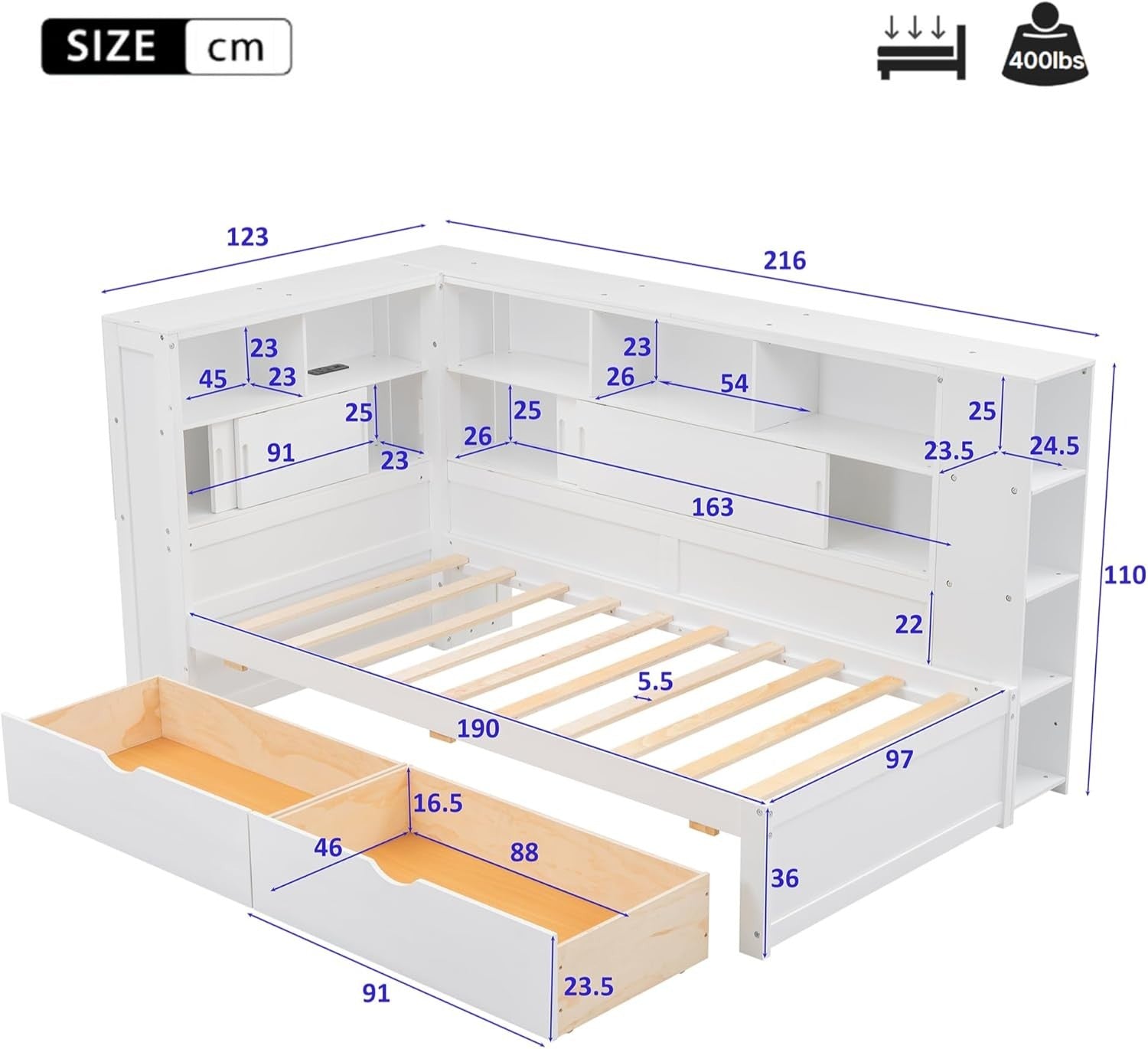 Single Storage Bed with Drawers, Shelves, USB, Bookcase, White 3FT
