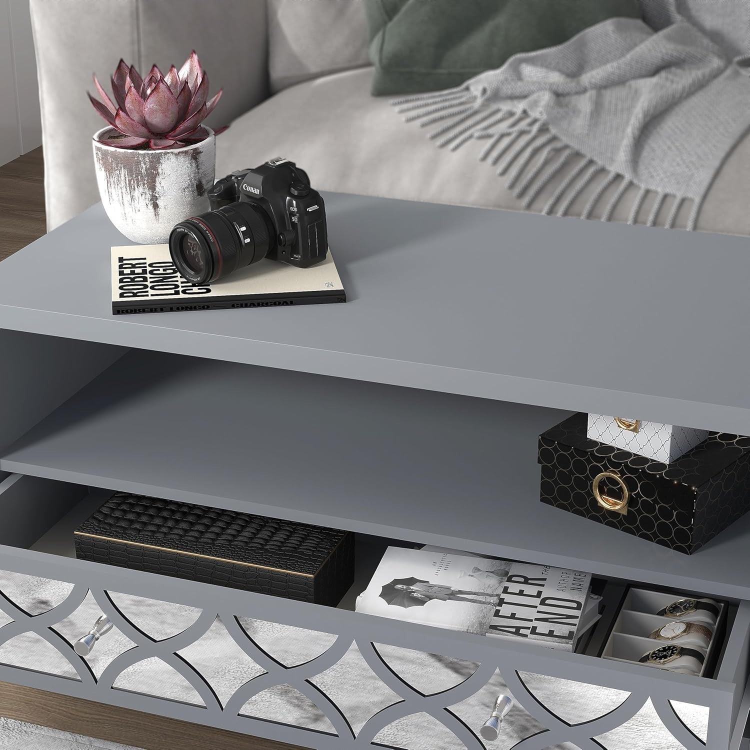 Modern Mirrored Coffee Table with Drawer – Space-Saving Storage Cabinet – Cool G