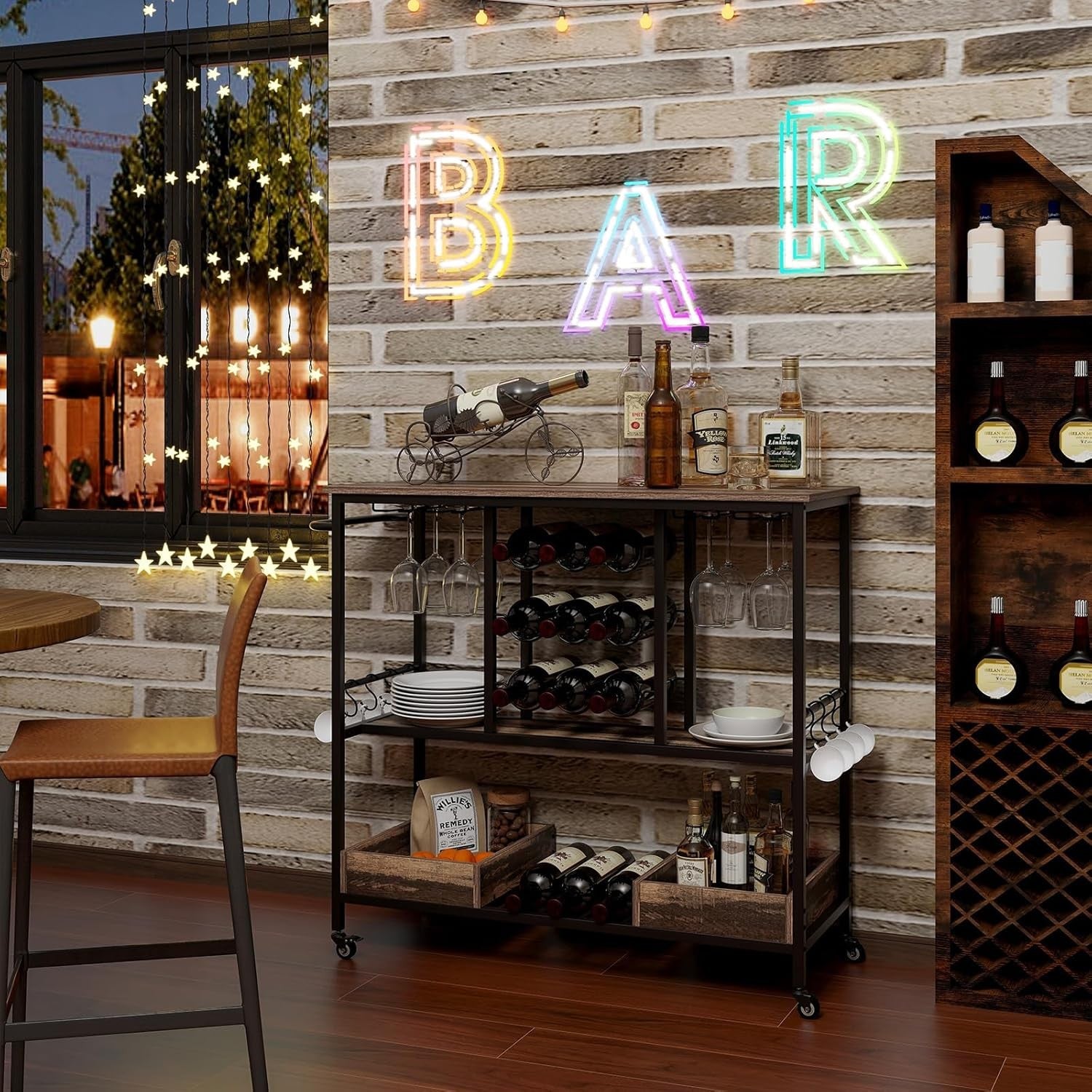 Kitchen Serving Trolley Bar Cart Wine Rack Glass Holder Lockable Wheels