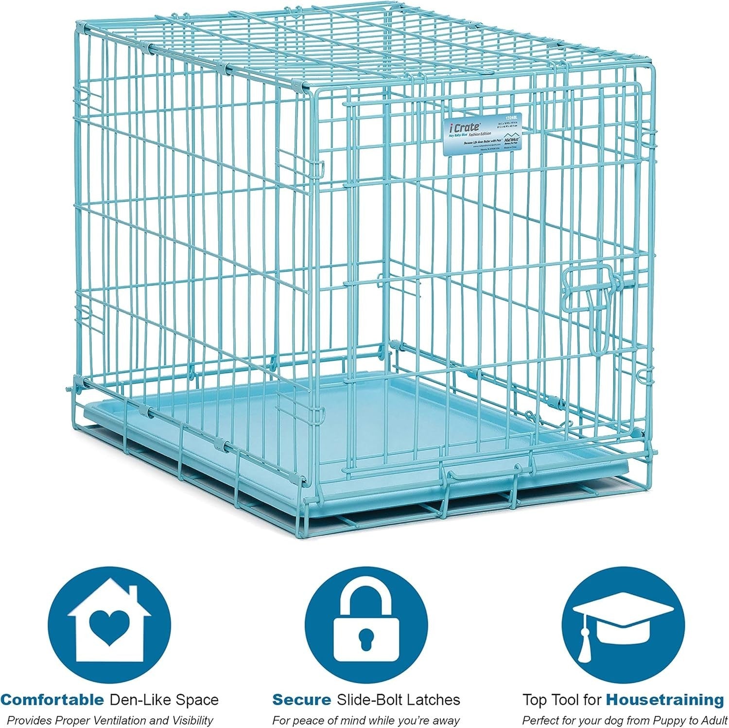 Portable Blue Single Door Dog Crate 62cm with Divider, Leak-Proof Pan & Rollers