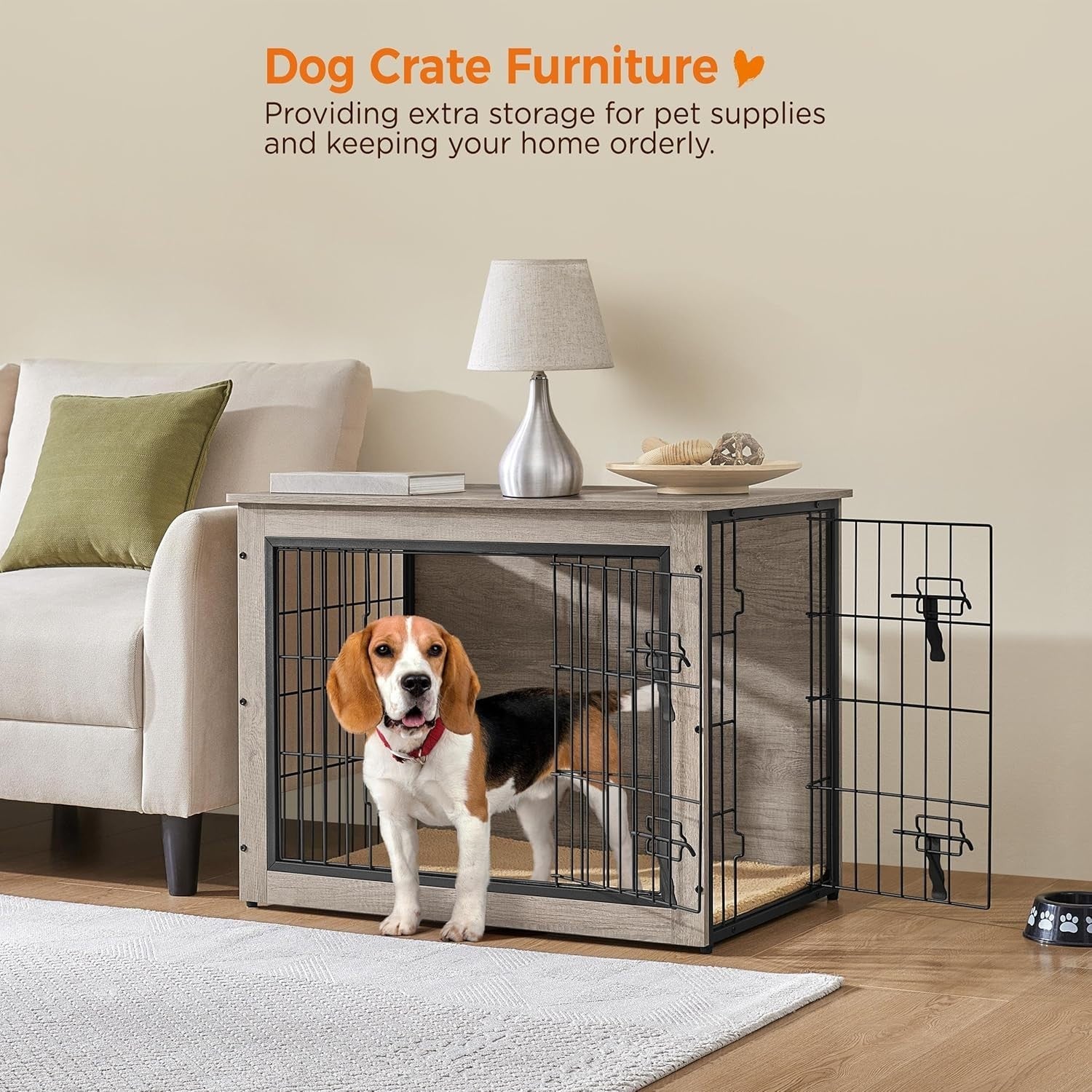 Stylish Indoor Dog Crate Furniture with Cushion Double Doors 80.5x55.5x63.5cm