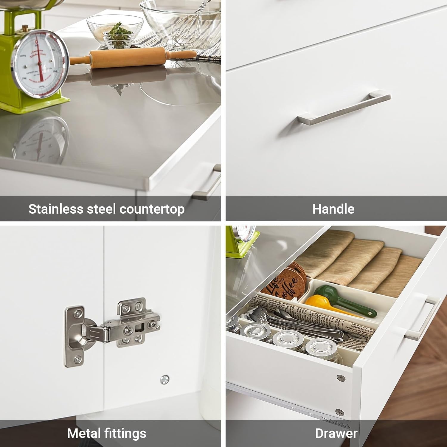 120cm White Rolling Kitchen Island Stainless Steel Top Cart