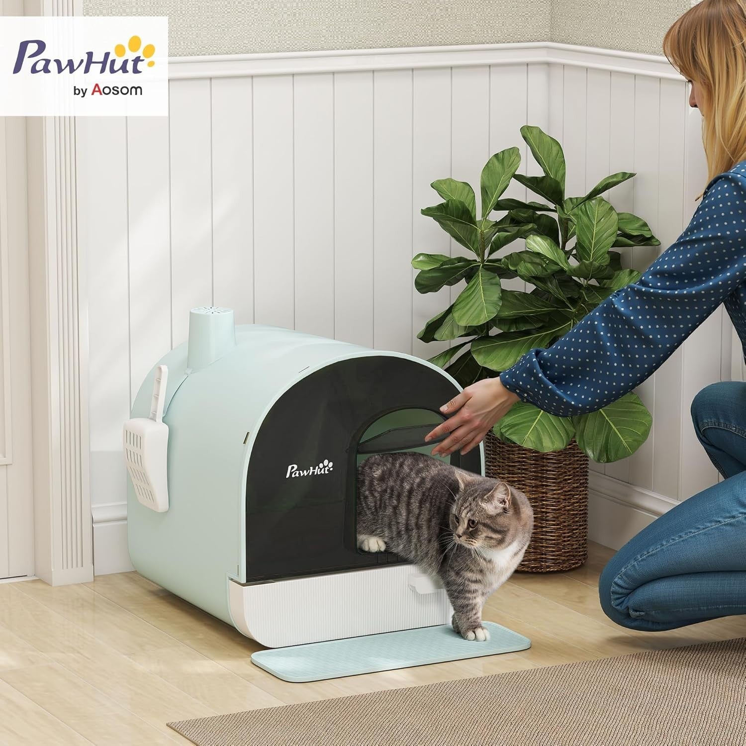 Hooded Cat Litter Box Enclosed Tray Drawer Odor Control Scoop Mat