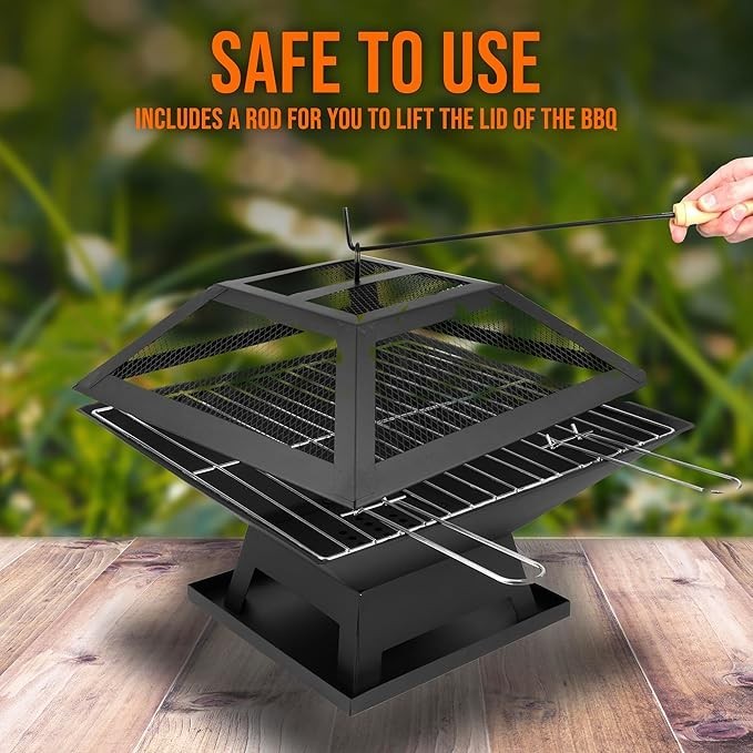 3in1 Outdoor Fire Pit BBQ Grill Patio Heater Metal Square Garden Brazier