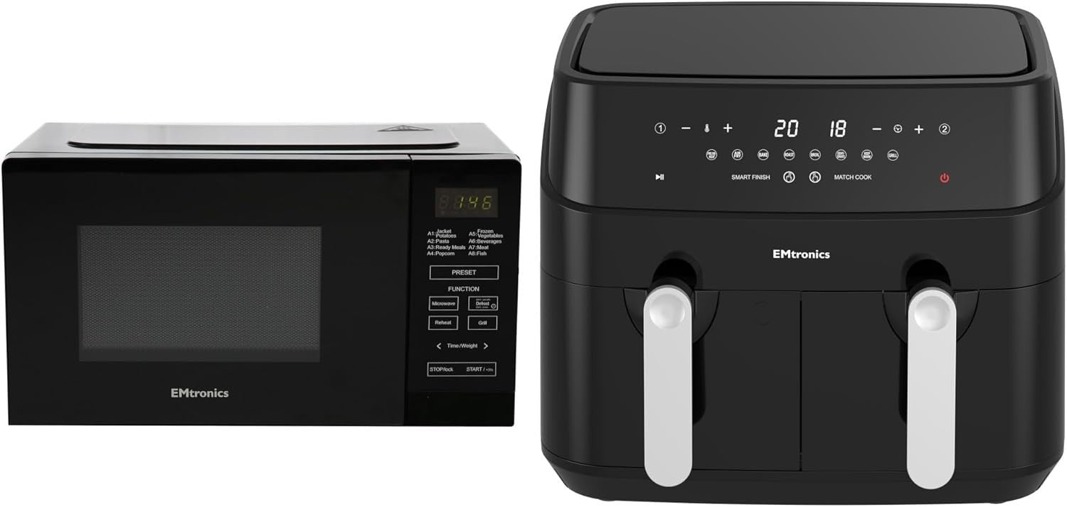 9L Dual Drawer Air Fryer + 20L Microwave Grill Set Temp Probe 60min Black