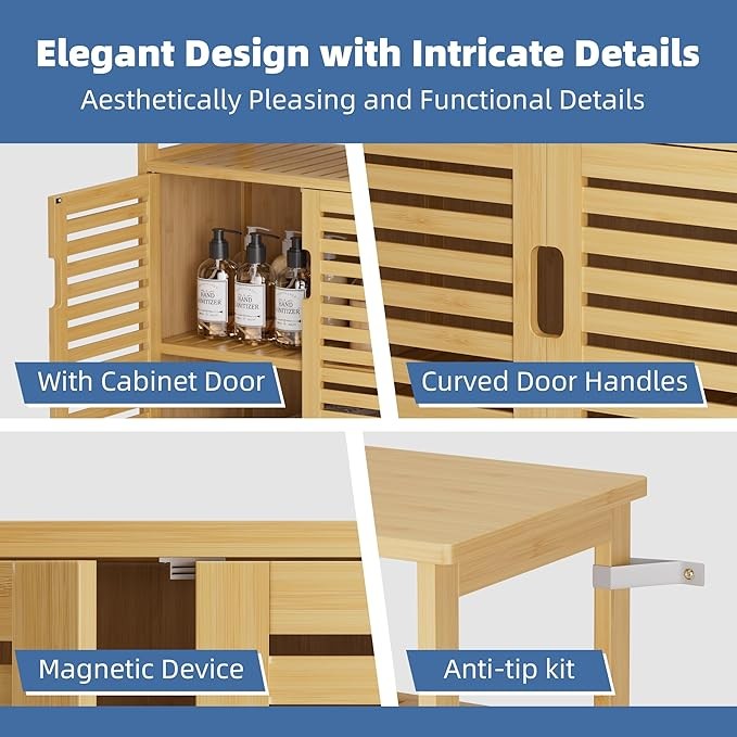 Natural Bamboo Storage Cabinet with Shutter Doors & Open Shelf 60x30x80cm