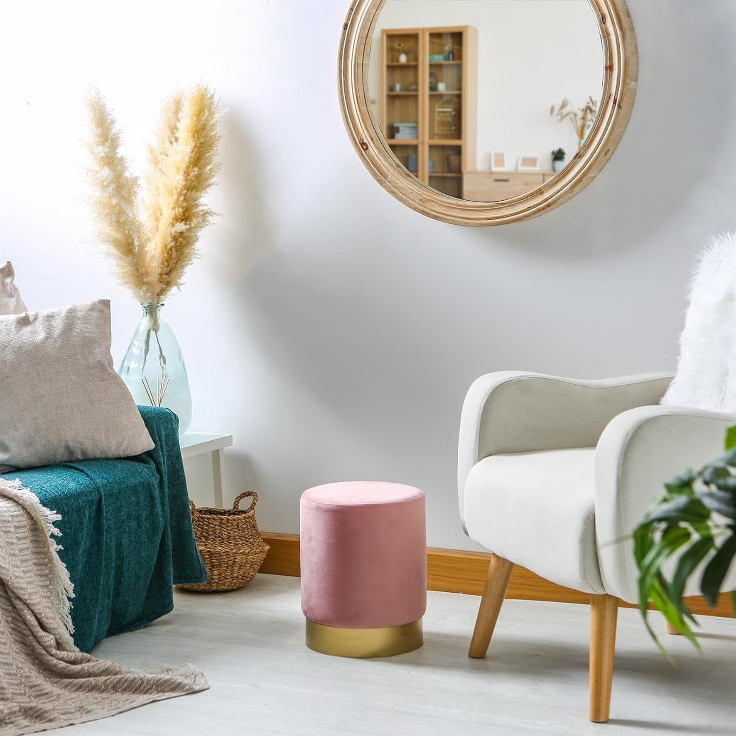Pink Velvet Round Pouffe Footstool Modern Accent Seat 29x36cm