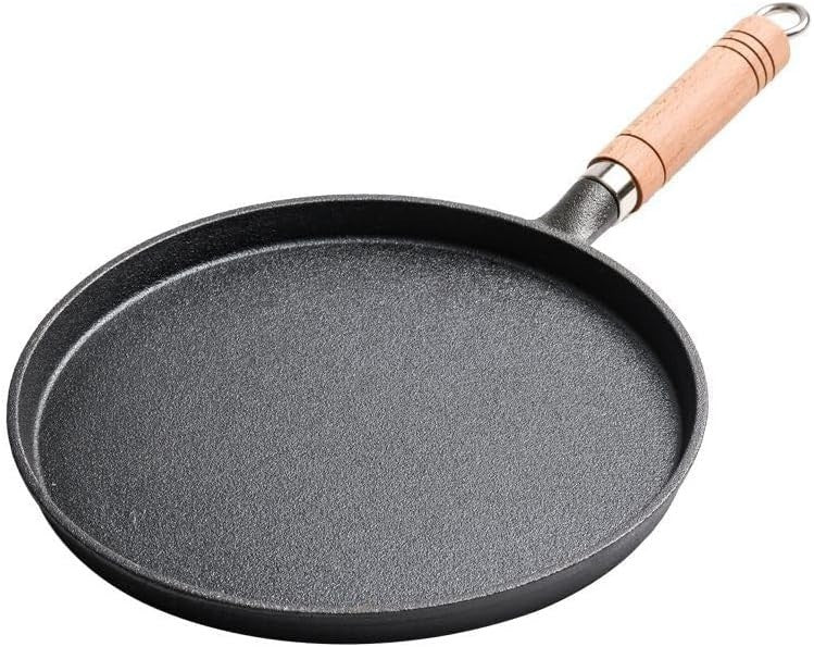 26cm Cast Iron Crepe Pan, Heavy Duty Non Stick Griddle with Wooden Handle