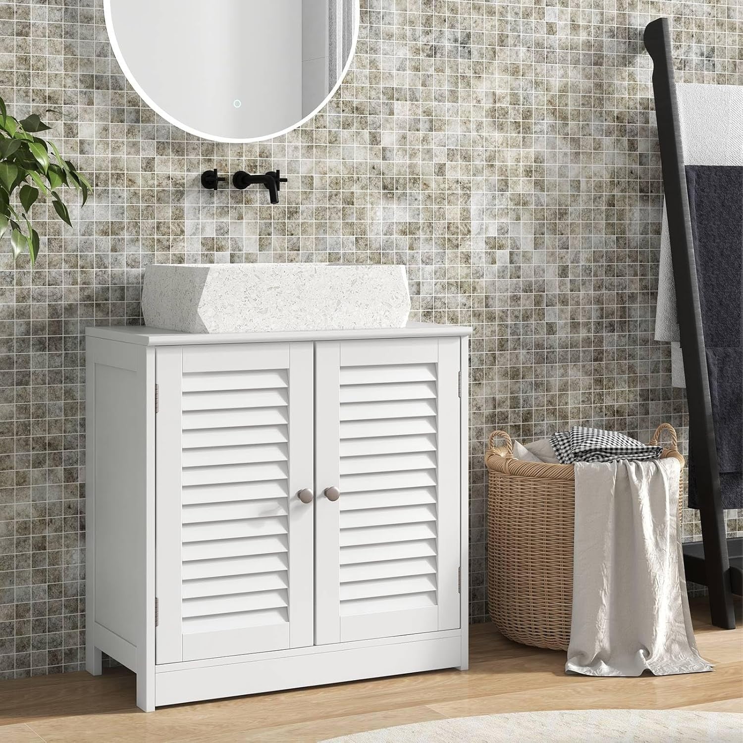 White Under Sink Bathroom Cabinet with Shutter Doors & Adjustable Storage Shelf