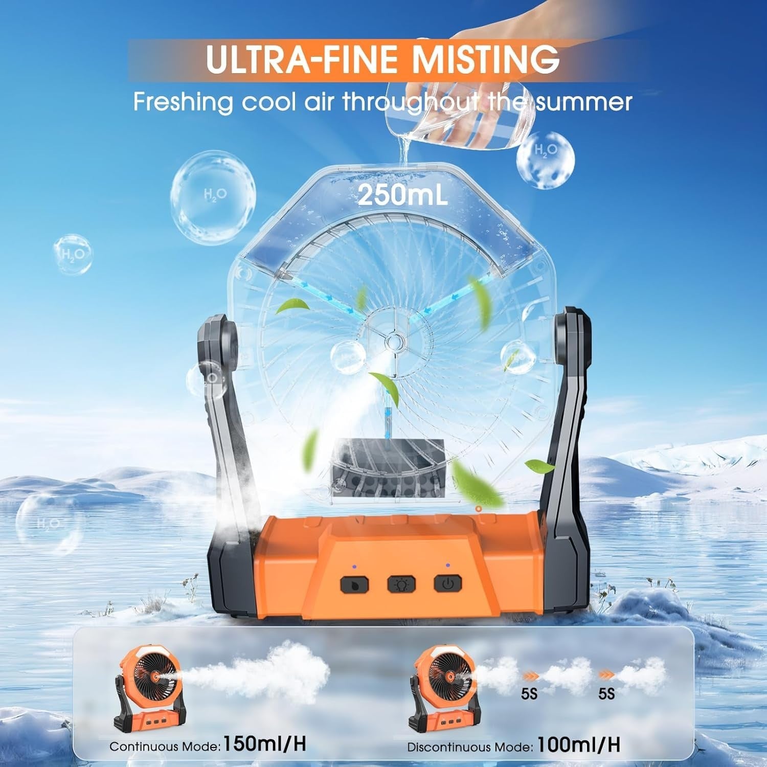 Orange 8" Portable Misting Fan – 10000mAh Rechargeable Cooling Fan w/ LED Light
