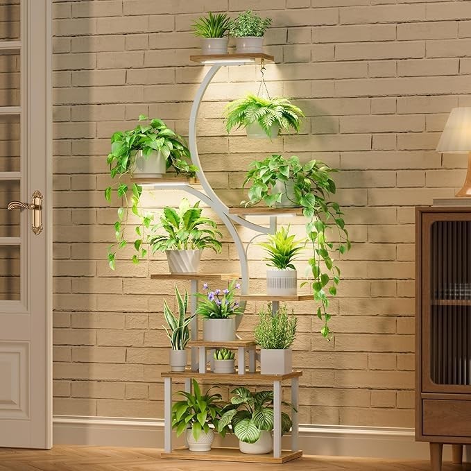 8 Tier S-Shaped Metal Plant Stand with Grow Lights Indoor Outdoor White