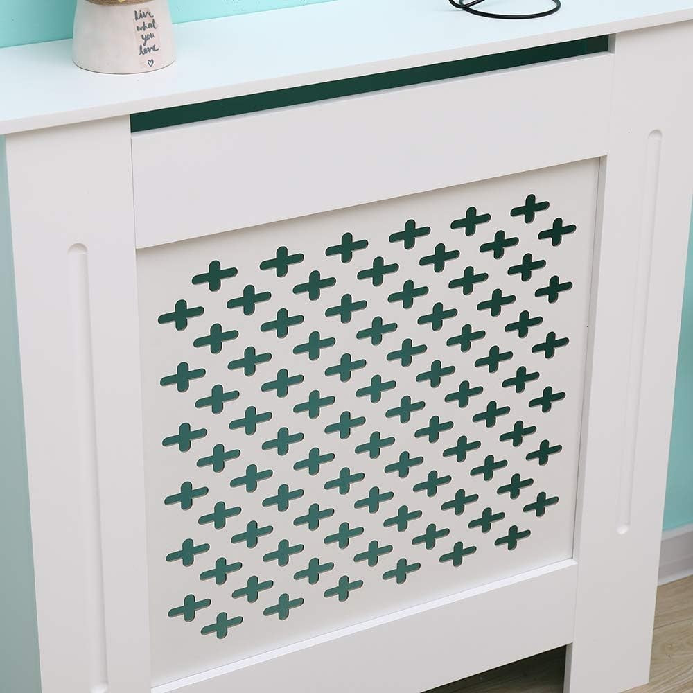 Small White Radiator Cover | Modern MDF Cabinet with Grey Cross Pattern