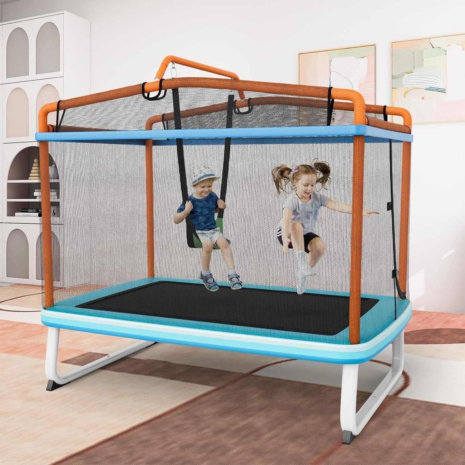6FT Kids 3-in-1 Trampoline Safety Enclosure Swing Bar Indoor Outdoor