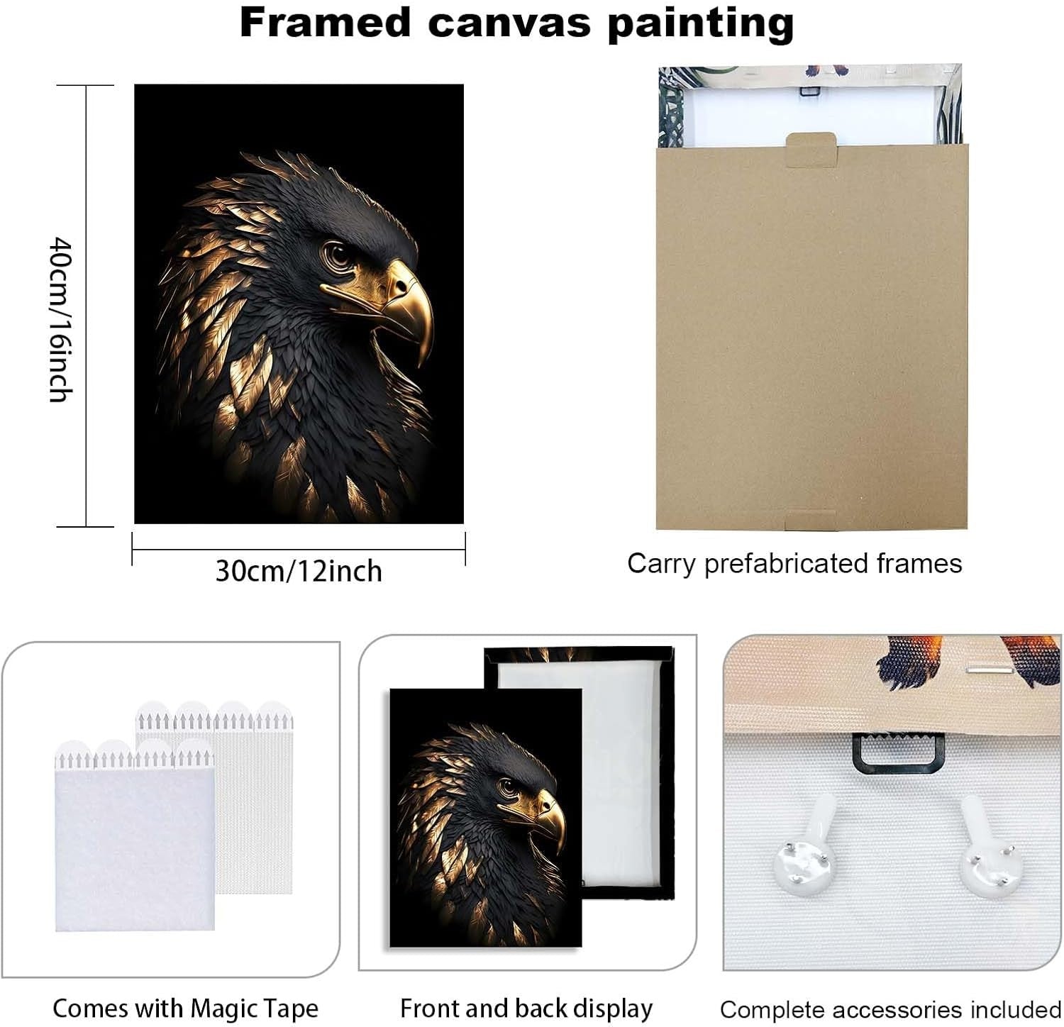 Set of 3 Black Gold Animal Canvas Wall Art 12x16 Framed Wolf Lion Eagle