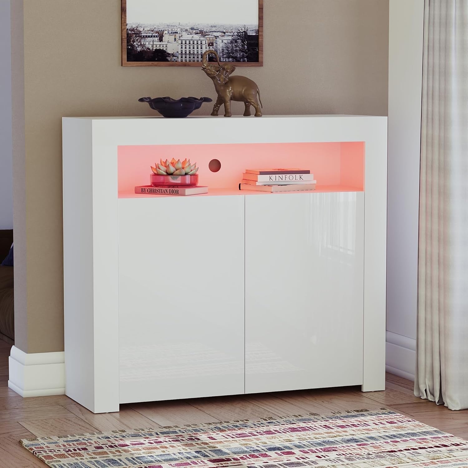 Modern White LED Sideboard 2 Doors Magnetic Storage Cabinet RGB Lighting