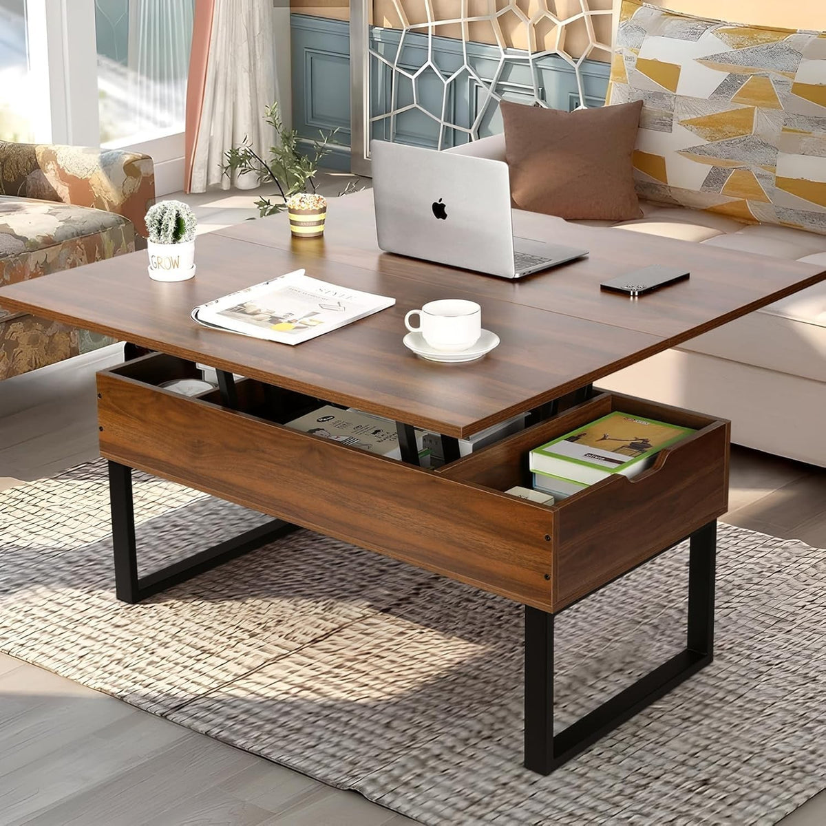 Multifunctional Lift Top Coffee Table with Hidden Storage Walnut 100x50x50cm