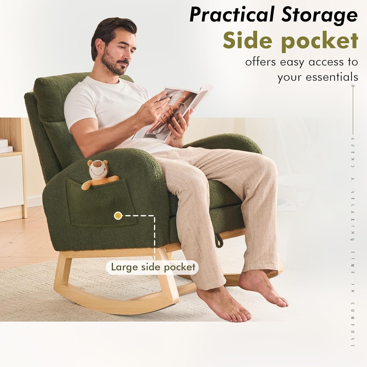 Rocking Chair with Footrest Teddy Fabric, Extra Wide Seat, Full Back Support