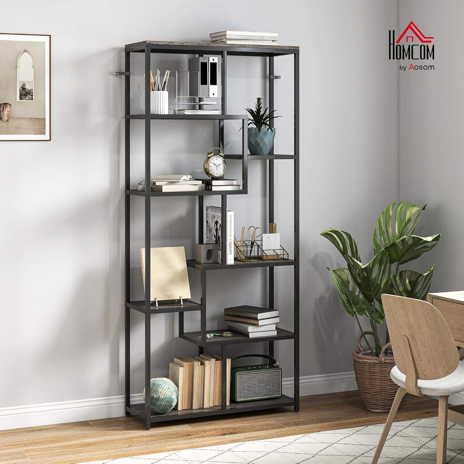 7-Tier Industrial Bookcase | Grey & Black Geometric Shelf Unit for Home & Office