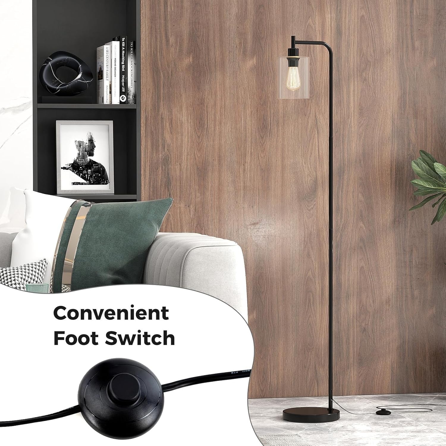 Black Floor Lamp Hanging Glass Shade E27 Modern Standing Reading Light