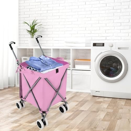 90L Folding Shopping Trolley 8 Wheels Large Push Cart Waterproof Pink