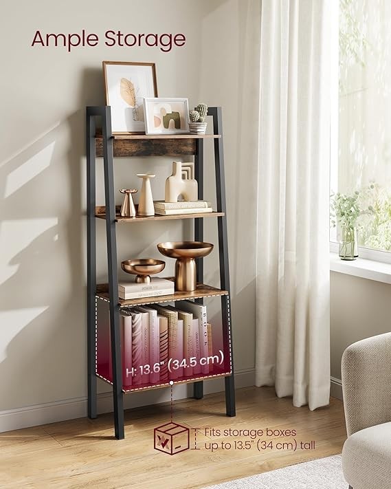 4-Tier Rustic Ladder Shelf Narrow Storage Unit Industrial Display Bookshelf