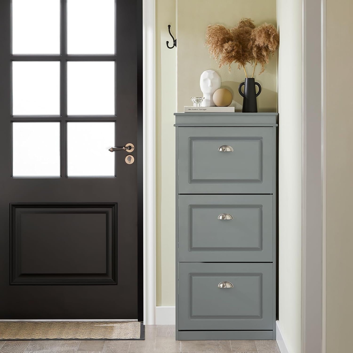 3 Flip-Drawer Slim Shoe Cabinet Storage Unit 53x24x117 cm Grey