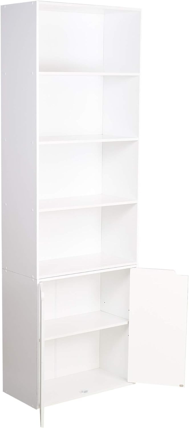 White 6 Tier Bookshelf with Cupboard Modern Storage Unit 59x29x180cm