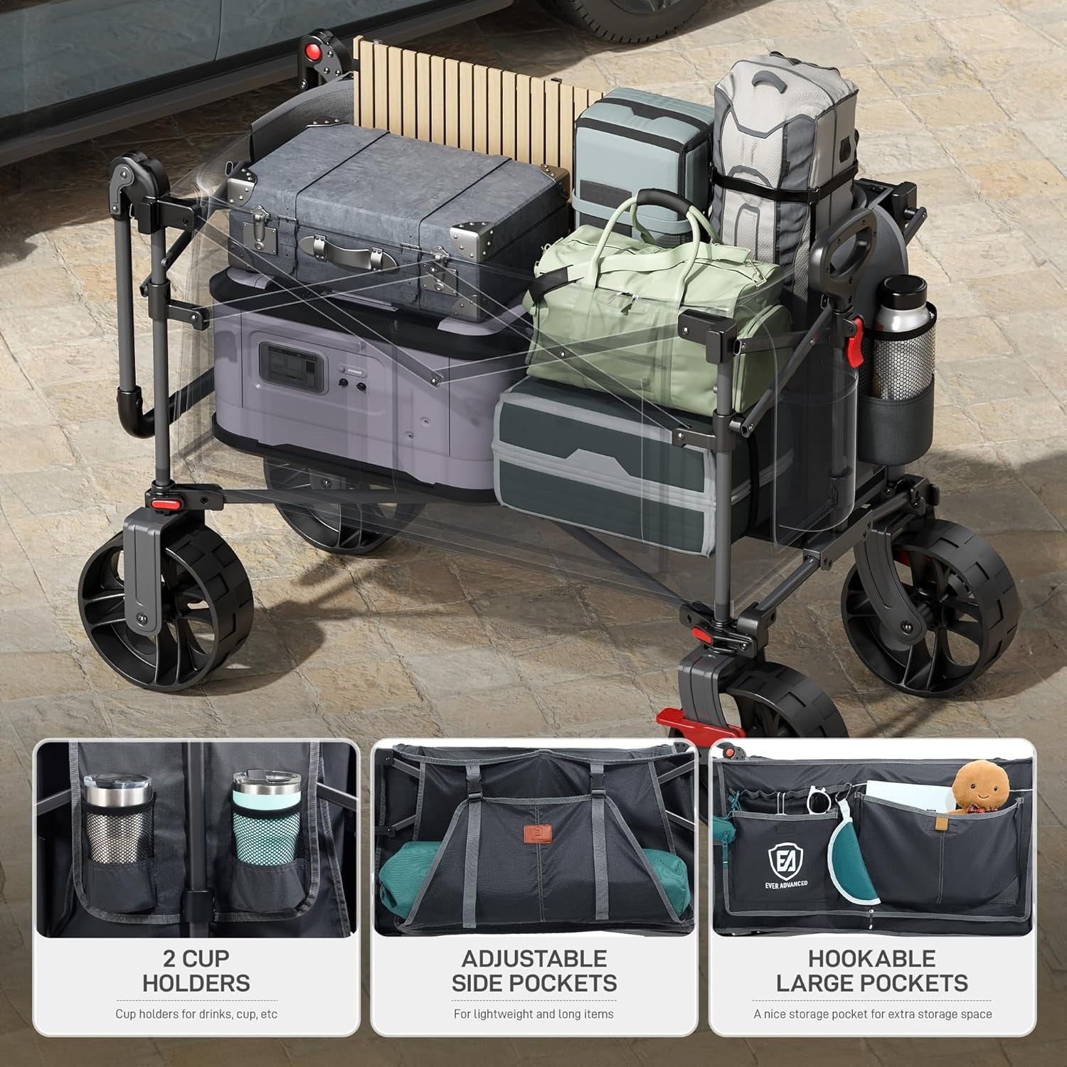 Grey 225L Heavy Duty Folding Camping Wagon w/ Canopy 150kg Festival Trolley
