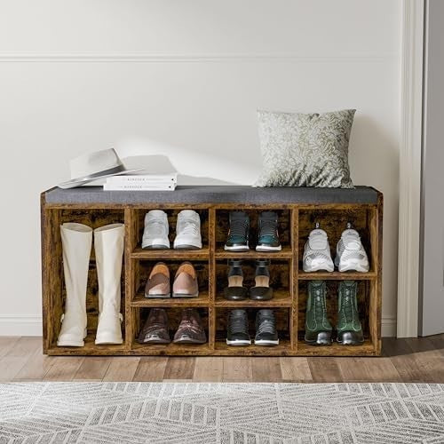Rustic Shoe Storage Bench with Cushion Seat 9 Cubes Adjustable Shelves Entryway