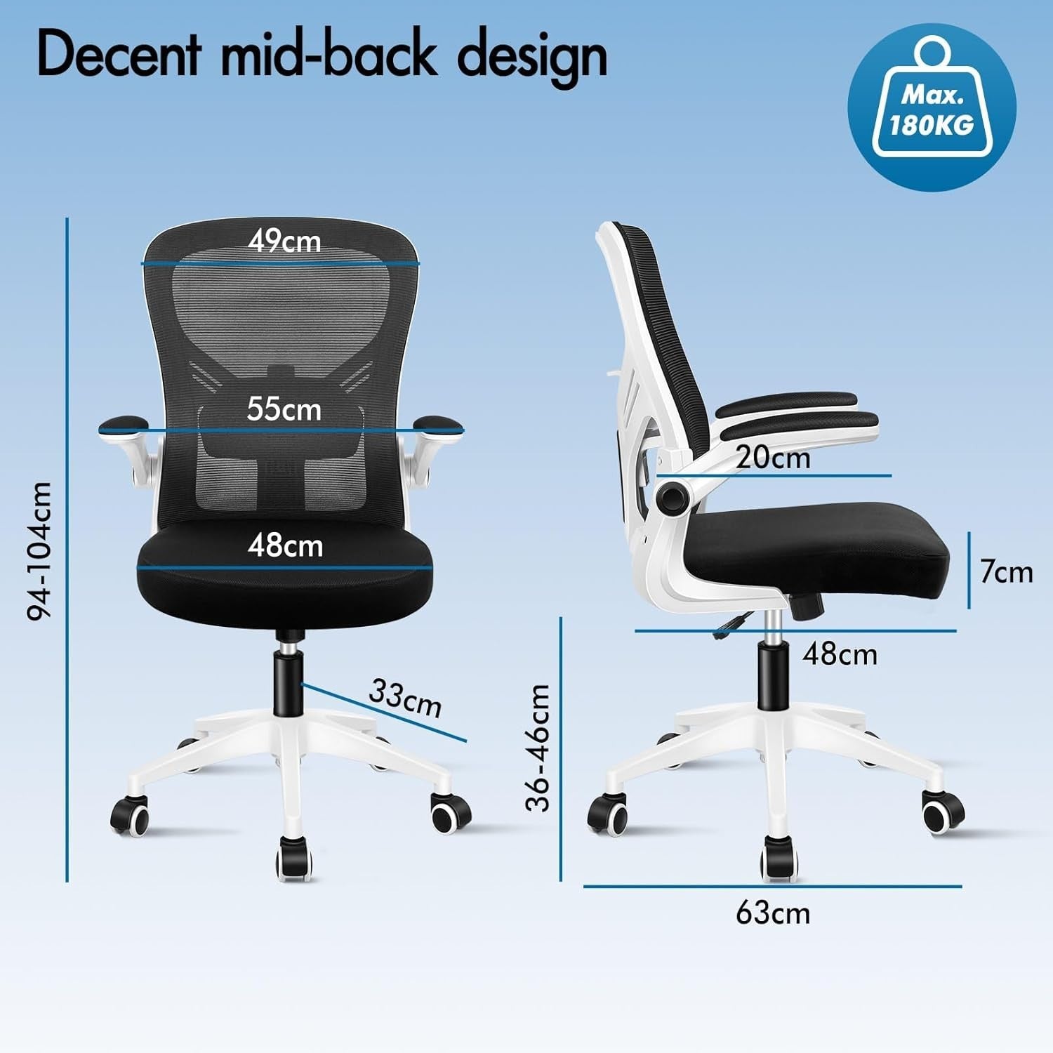 Ergonomic Office Chair Desk Computer Seat Mesh Back Flip Arms White & Black