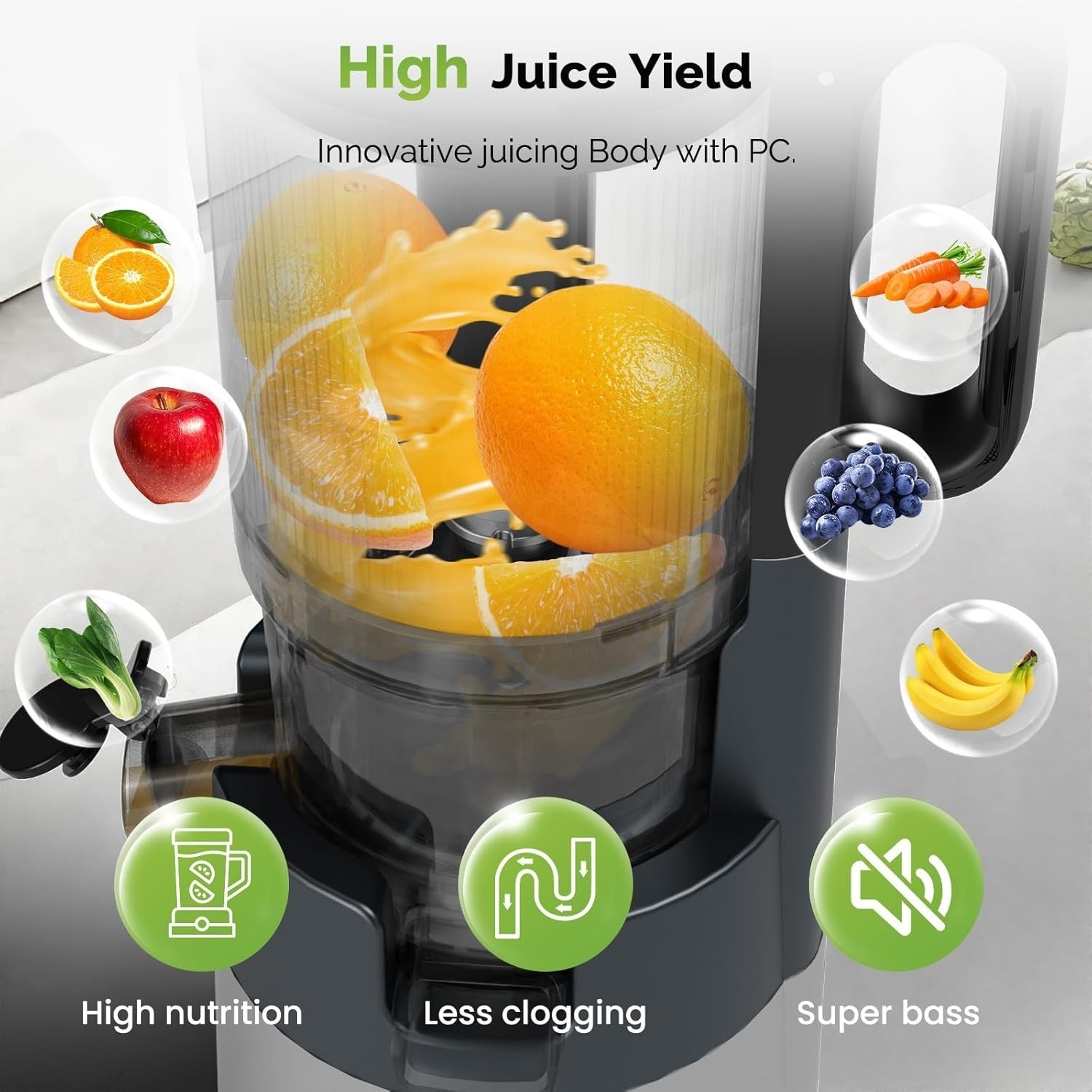Cold Press Juicer Whole Fruit 5in Feed Chute High Juice Yield Easy Clean