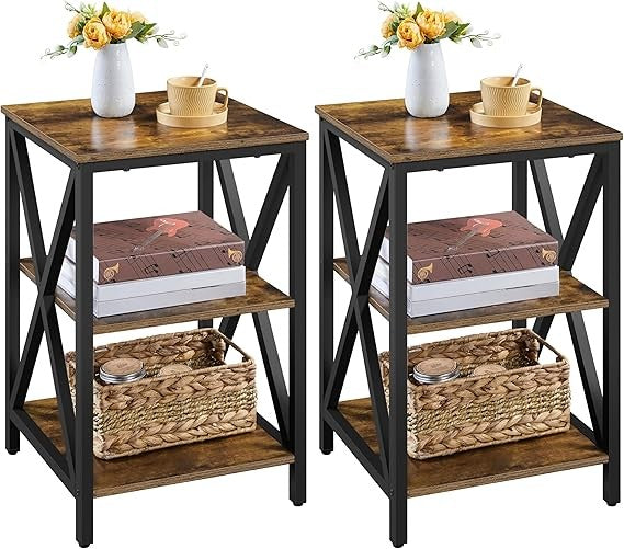 Rustic Brown Bedside Tables Set of 2 | X-Design 3-Tier Industrial Nightstands
