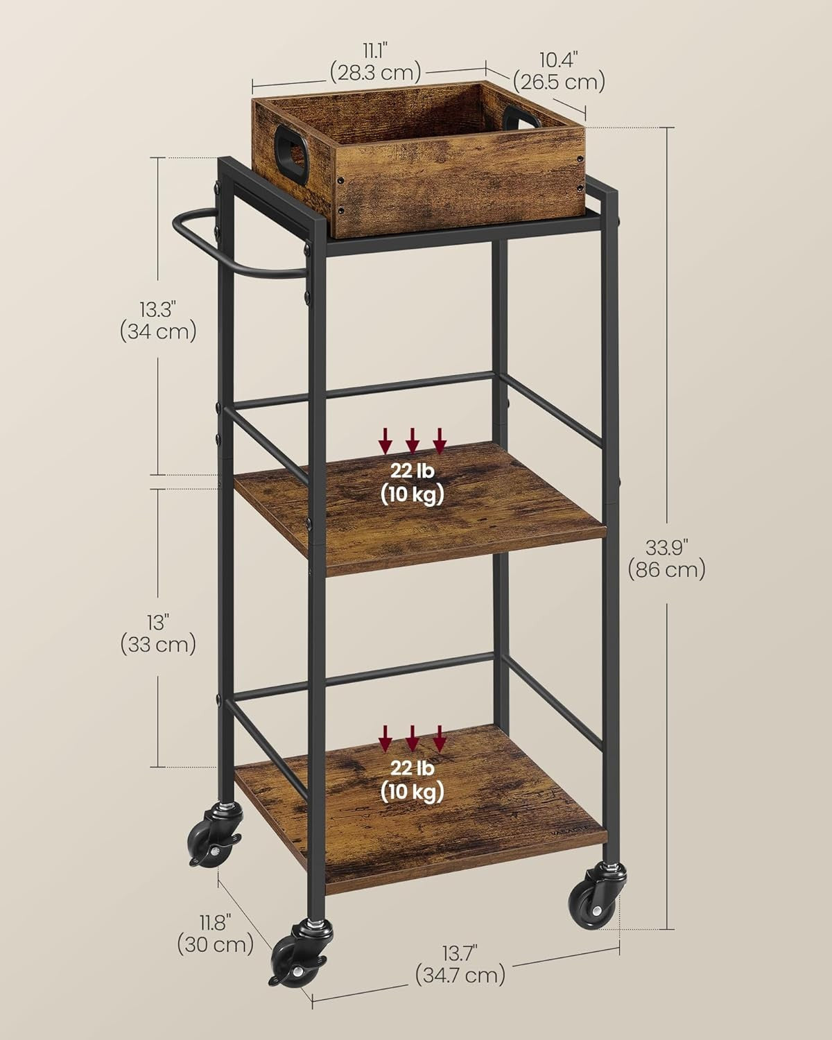 Slim Kitchen Serving Cart on Wheels 3 Tier Utility Trolley with Removable Tray