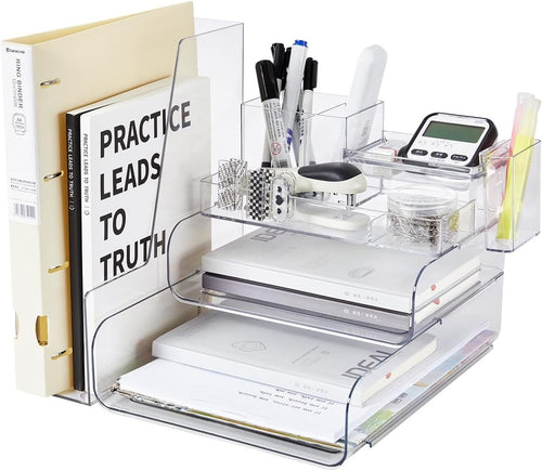 Desk Organizer with Letter Trays & Pen Holder – Stackable Office Storage