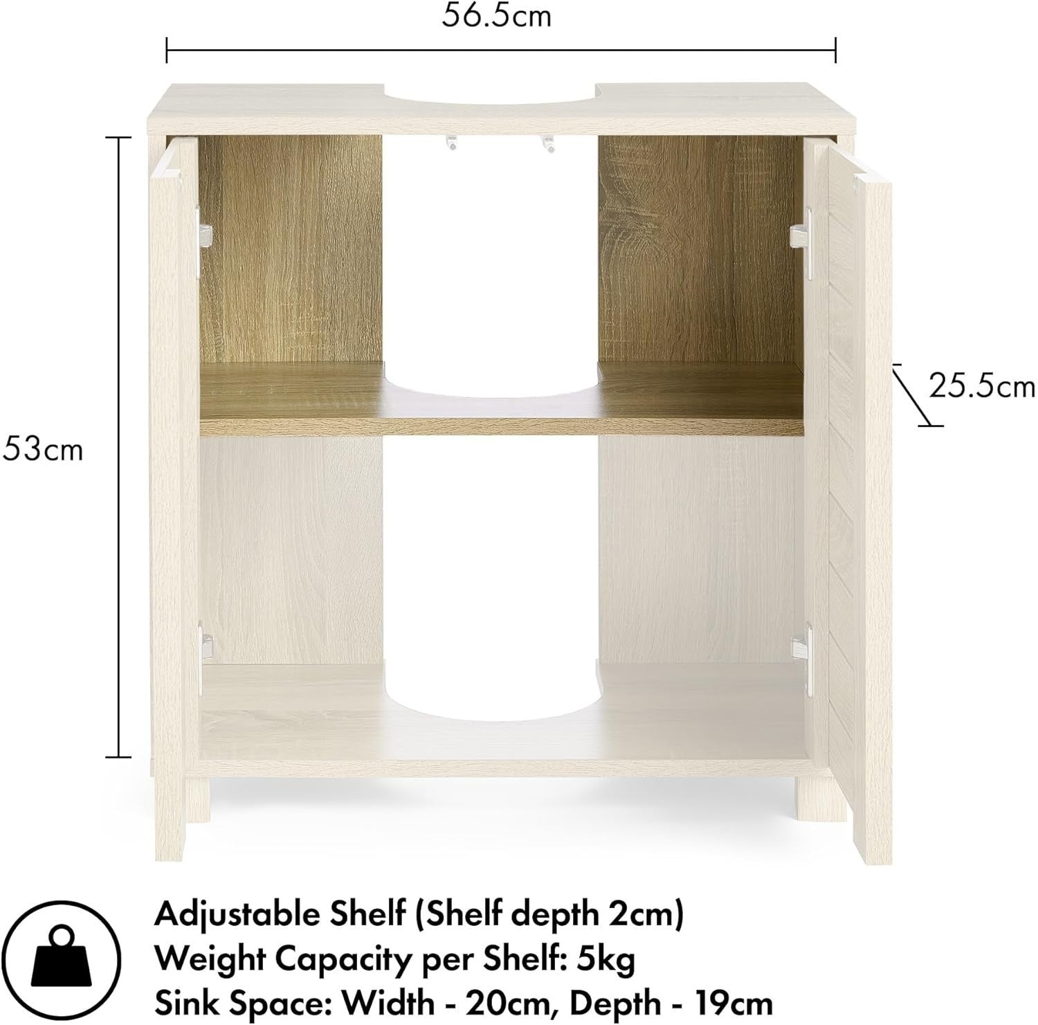 Under Sink Bathroom Cabinet Oak Effect with 2 Shelves Space-Saving Storage