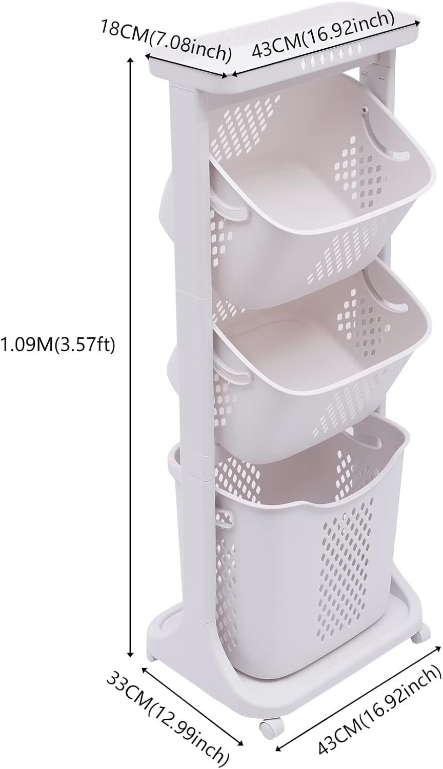 4 Tier Rolling Laundry Basket Cart Clothes Storage Hamper White Wheels