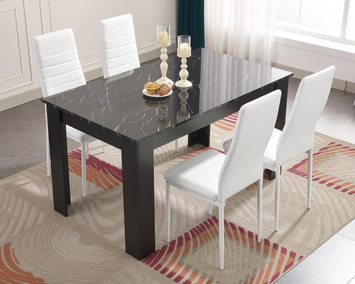 Modern Black Marble Dining Table Set with 4 White PU Leather Chairs, 120cm