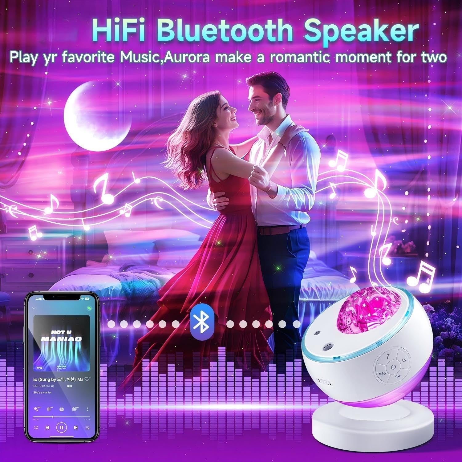 Galaxy Star Projector Night Light Bluetooth White Noise 16 Color Aurora