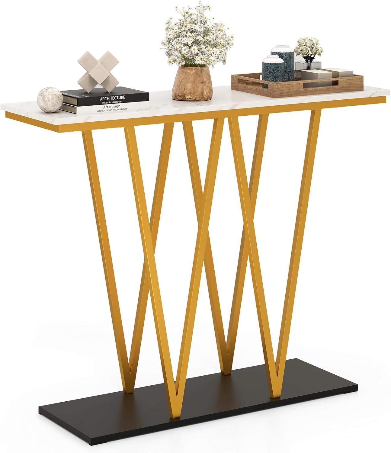 Faux Marble Console Table Slim Entryway Gold Metal Frame 100x30x79cm